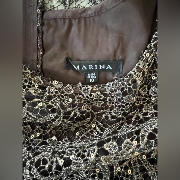 Marina chocolate brown sequined lined laced sheath dress short sleeve size 10 - Picture 3 of 6